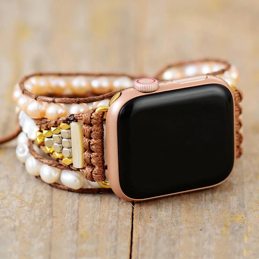 PROTECTIVE FRESHWATER PEARLS GEMSTONE APPLE WATCH STRAP
