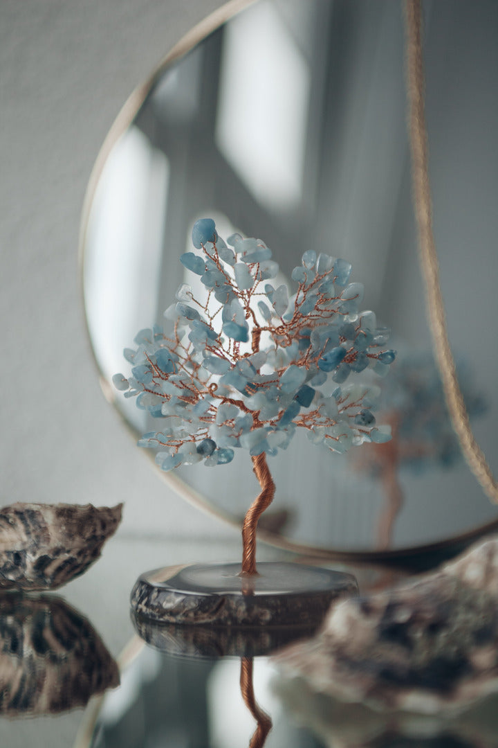 INNER PEACE & SERENITY - AQUAMARINE FENG SHUI TREE WITH AGATE BASE