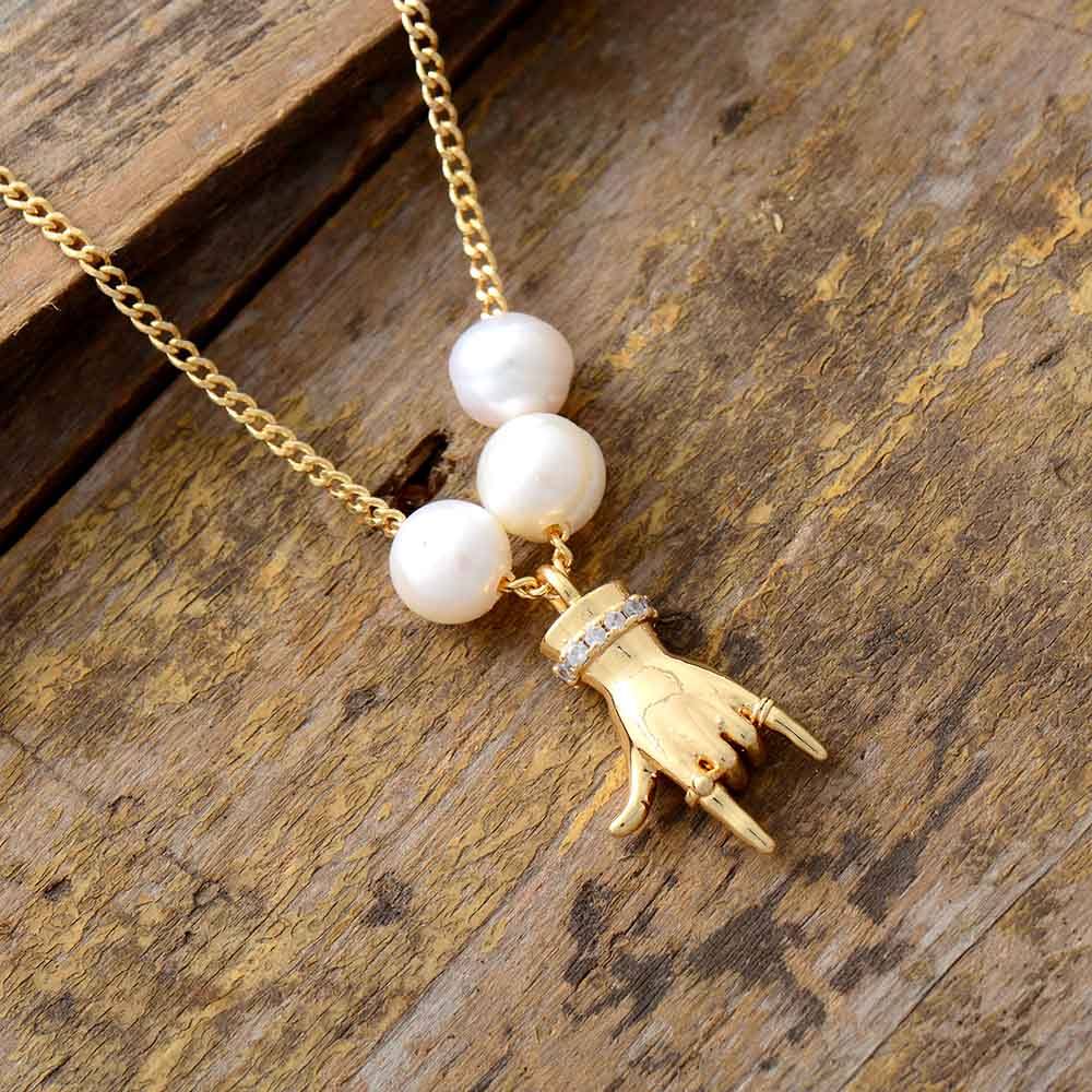 GOLD BUDDHA HAND PEARL PENDANT NECKLACE