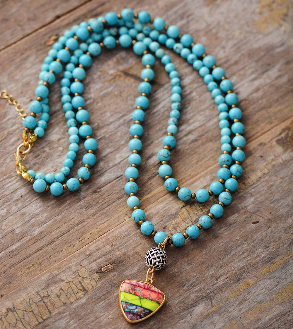 “SHIELD OF THE CHAKRAS” TURQUOISE MALA NECKLACE