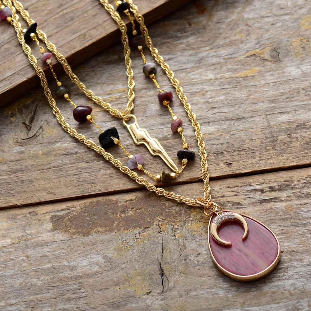CRESCENT COSMIC MOON RHODONITE & ONYX GOLD NECKLACE
