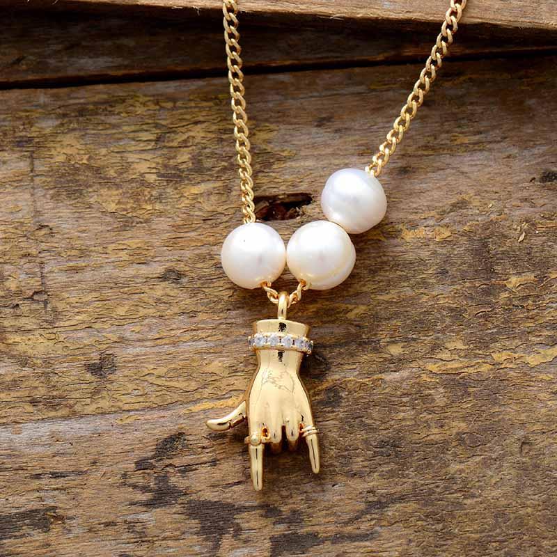 GOLD BUDDHA HAND PEARL PENDANT NECKLACE