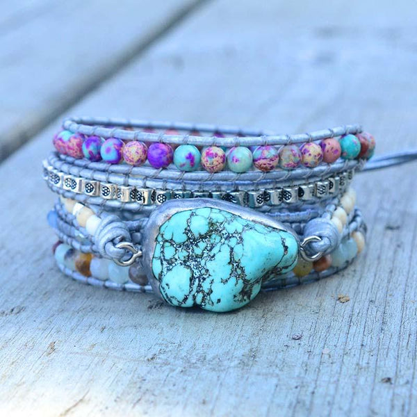 Natural Matte Quartz & Turquoise Wrap Bracelet